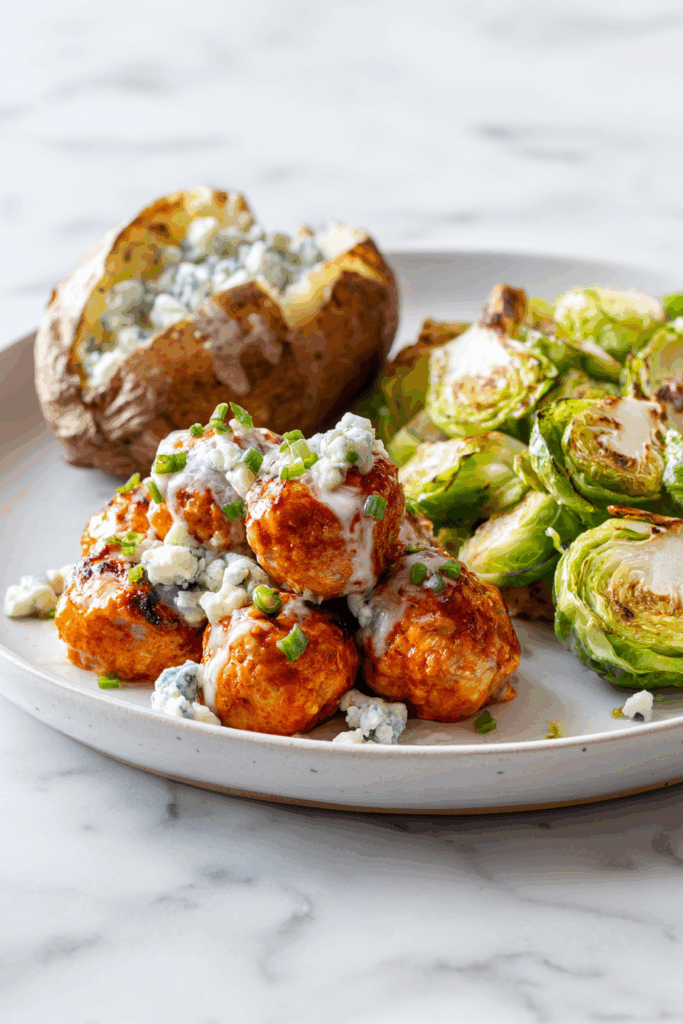 Buffalo chicken meatballs with potatoes and Brussels sprouts, an easy high protein dinner.