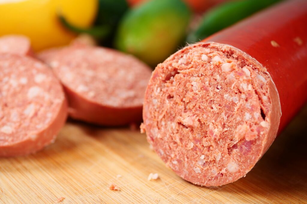 Vivid close-up of freshly sliced salami, showcasing texture and color in a vibrant culinary setting.