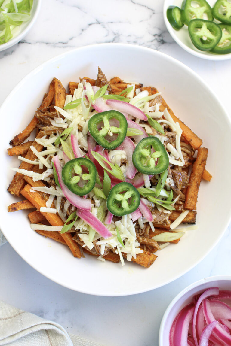 Loaded BBQ Pork Sweet Potato + Carrot Fries
